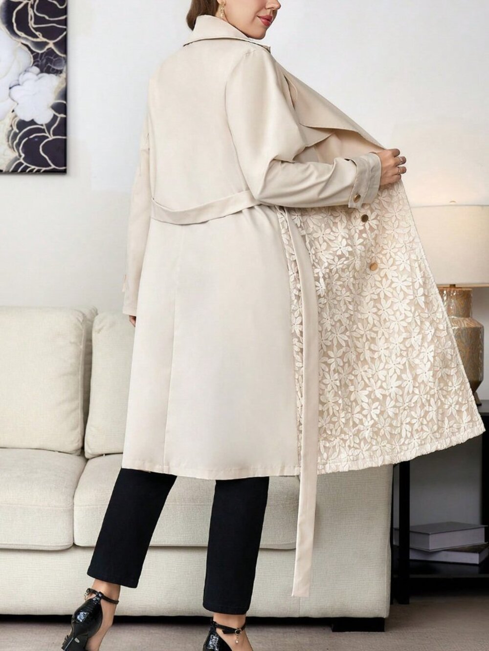 Apricot Casual Women's Elegant Plain Lapel Double-Breasted Trench Coat - Picture 2 of 7